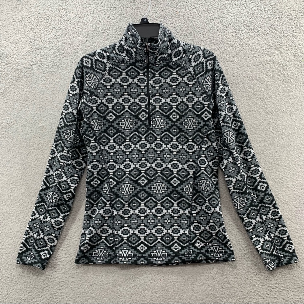 Marmot Fleece Full Zip High Neck Sweater Jacket Black Aztec AllOver Print Logo M